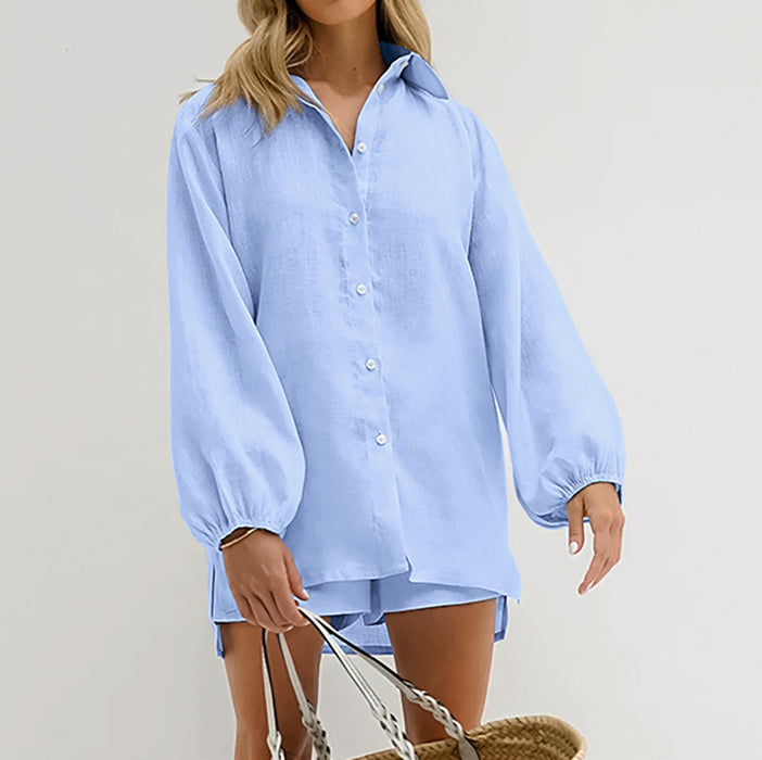 Sexy Summer Slightly Transparent Fresh Blue Cotton Linen Loose Long Sleeve Shirt Shorts Two Piece Set Casual Set