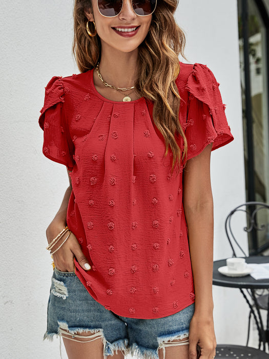 Women Clothing Summer round Neck Casual Tulip Sleeve T shirt Jacquard Top Women