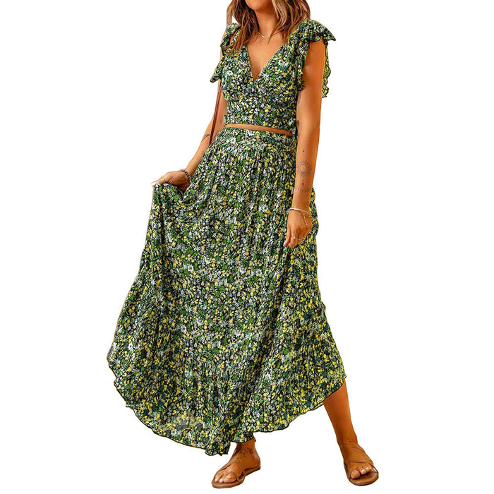 V Neck Short Sleeve Pullover Floral Suit Women Waist Slimming Irregular Asymmetric Maxi