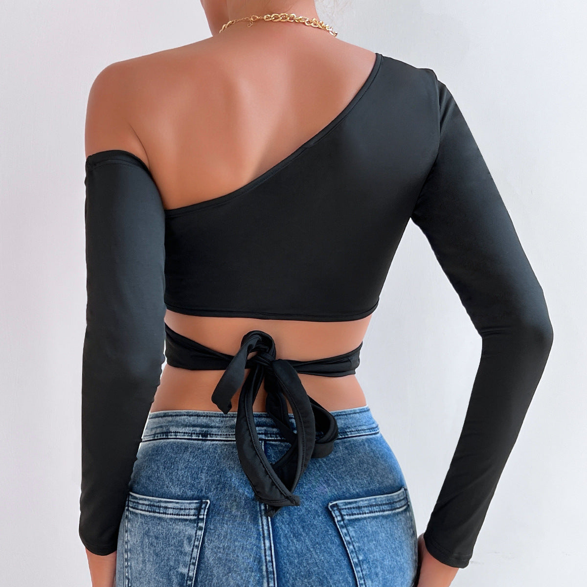 Sexy Hollow Out Cutout Sexy Exposed Cropped Solid Color Cross Knotted Short Slim Long Sleeve Top Women