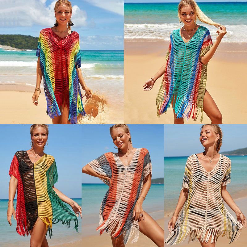 Rainbow Color Hollow Out Cutout Beach Cover up Seaside Holiday Bikini Cover Swimsuit Outwear Sun Protection Clothing