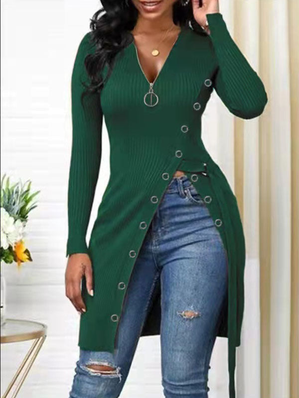 Autumn Winter Women Clothing V-neck Long Sleeve High Slit Thread Zipper T-shirt Top