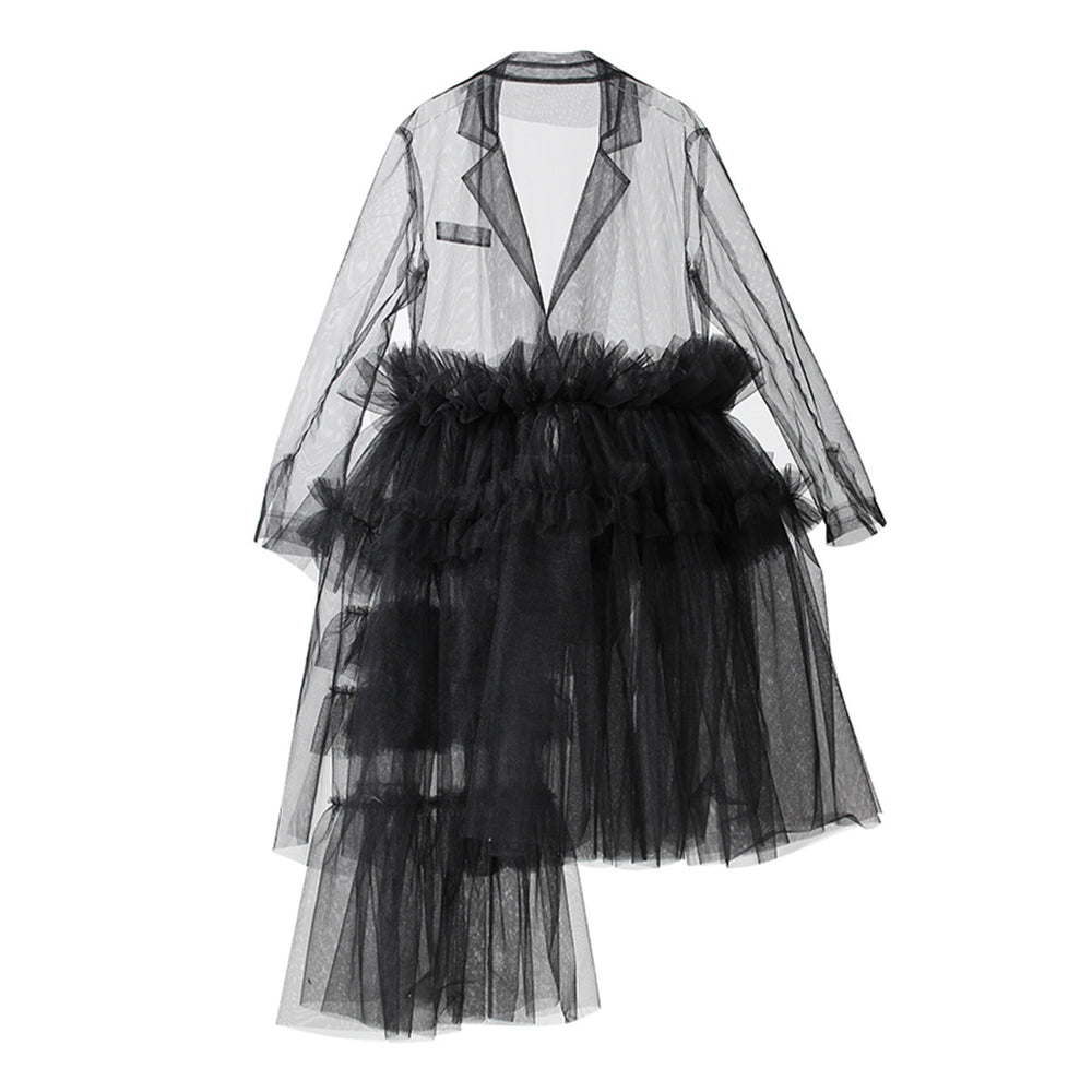 Heavy Industry Design See through Tulle Dress Summer Tailored Collar Irregular Asymmetric Multi Level Stitching Dress