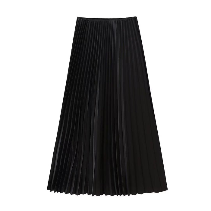 Spring Autumn Women Clothing All Matching Solid Color Silk Satin Texture Pleated Midi Skirt