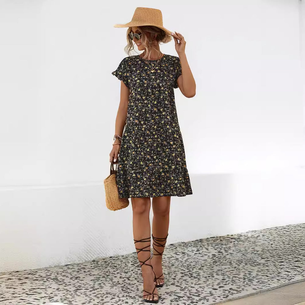 Spring Summer Women Clothing Popular round Neck Ruffle Sleeve Printed Dress