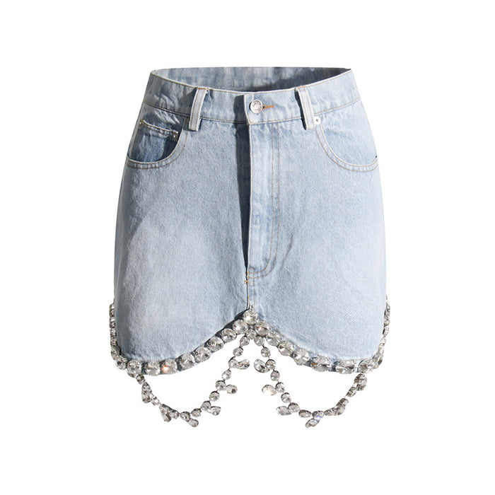 Personality Short Cropped Outfit Slimming Denim Top Hip Wrapped Skirt Diamond Embedded Denim Suit Women
