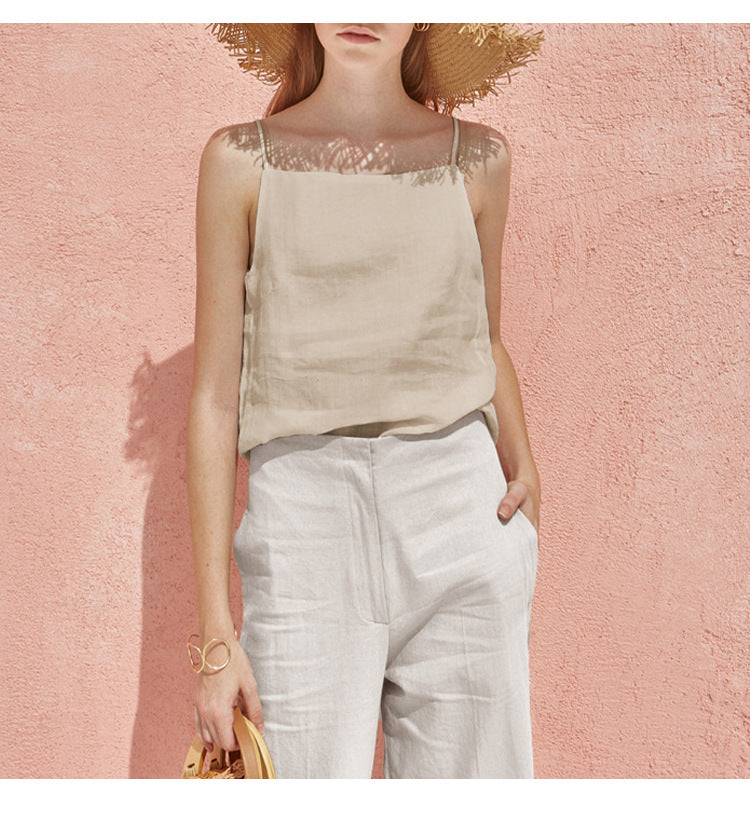 Summer Cotton Linen Sleeveless Lightly Mature off Neck Solid Color Breathable Vest Loose Slimming Short Sleeveless off Shoulder Top