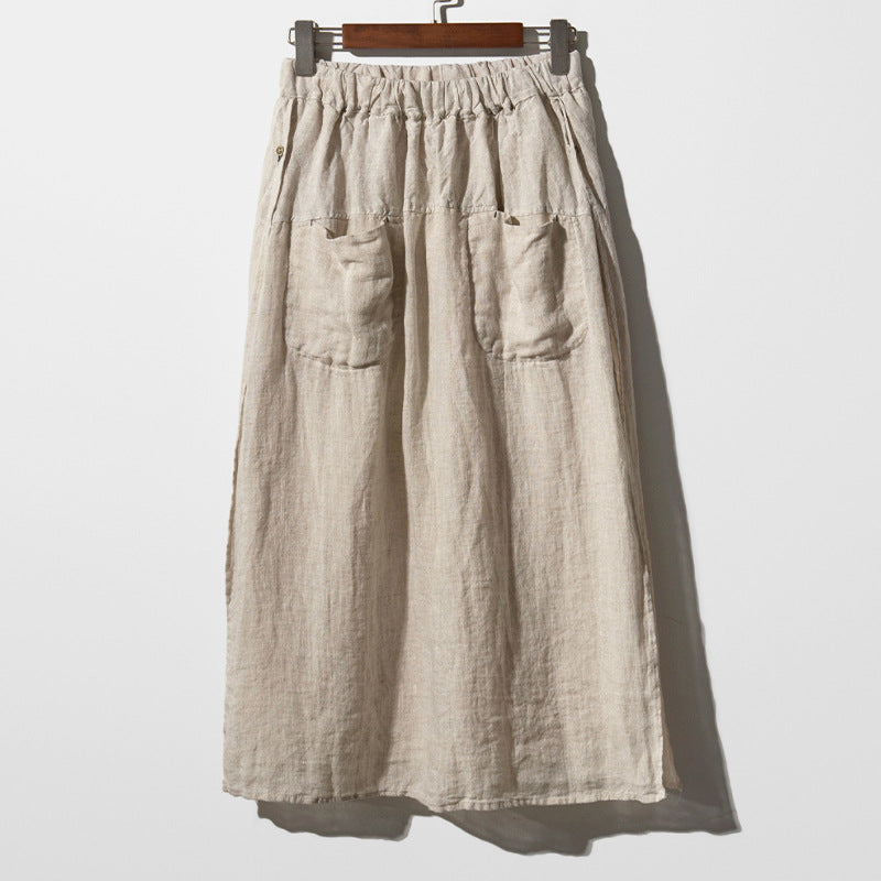 Pure Linen Wide Leg Culottes Spring Summer Design Double Pocket Elastic Waist Elegant Large Skirt