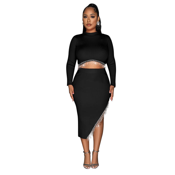 Women Wear Solid Color Long Sleeve Cropped Dress Two Piece Set for Women