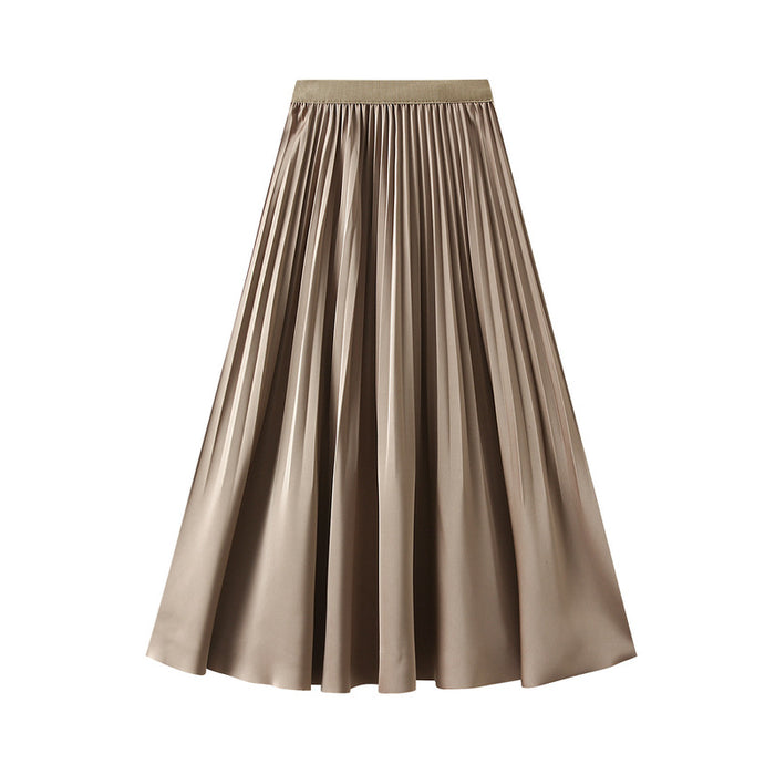 High Temperature Crumpled High Waist A Line Pleated Skirt Satin Mid Length Ruffled Skirt Spring Summer