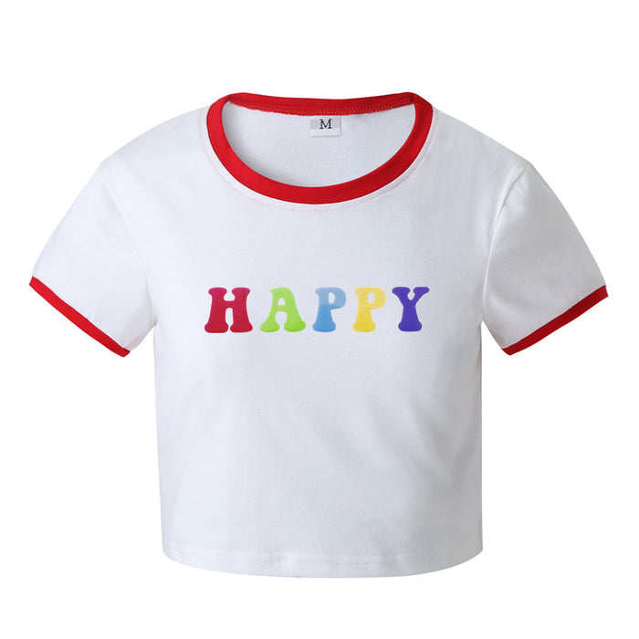 Women Clothing New Happy Letter Graphic Printed Short Slim Fit Short Sleeved T shirt