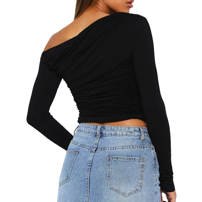 Women Clothing Shoulder Asymmetric Solid Color Cropped Top Long Sleeve Sexy Slim Fit Elegant T shirt