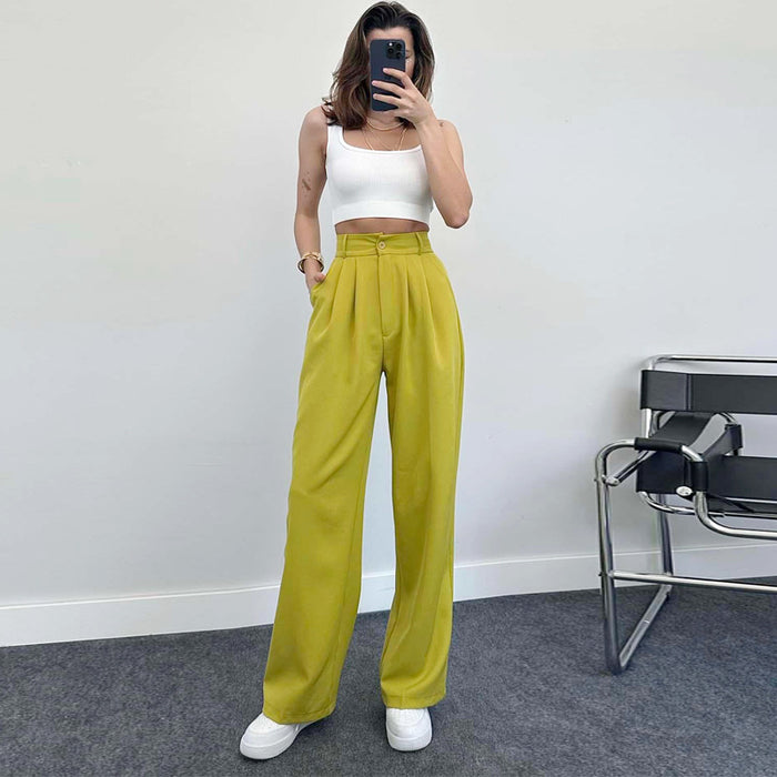 Casual Pants Women Elegant Linen Fabric Straight High Waist Trousers