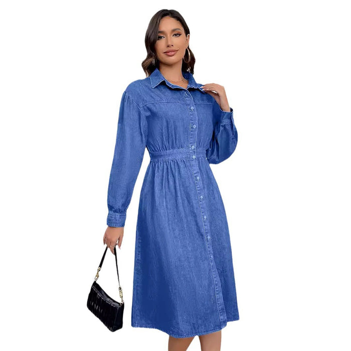 Spring Denim Dress Front Single Breasted V Neck Tight Waist Slimming Denim Dress Women