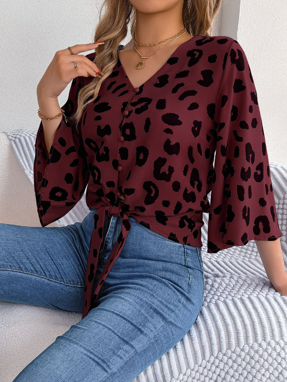 Spring Summer Casual Leopard Print Self Tie Chiffon Shirt Top Women Clothing