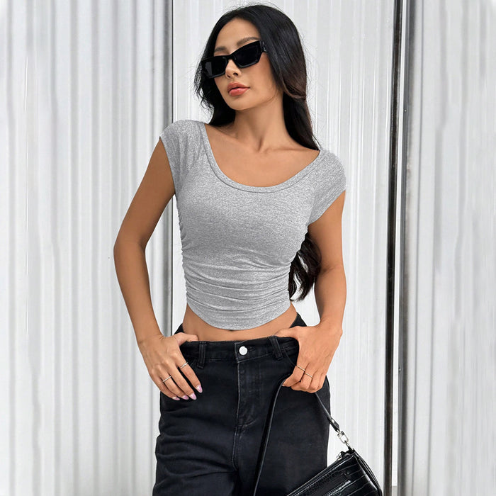 Women Clothing Minimalist Design T shirt Summer All Matching Graceful Slim Fit Short Bottoming Top