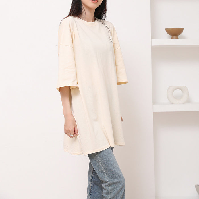 Korean Summer Pure Cotton T shirt Side Slit Casual Loose Mid Length Shirt Short Sleeve