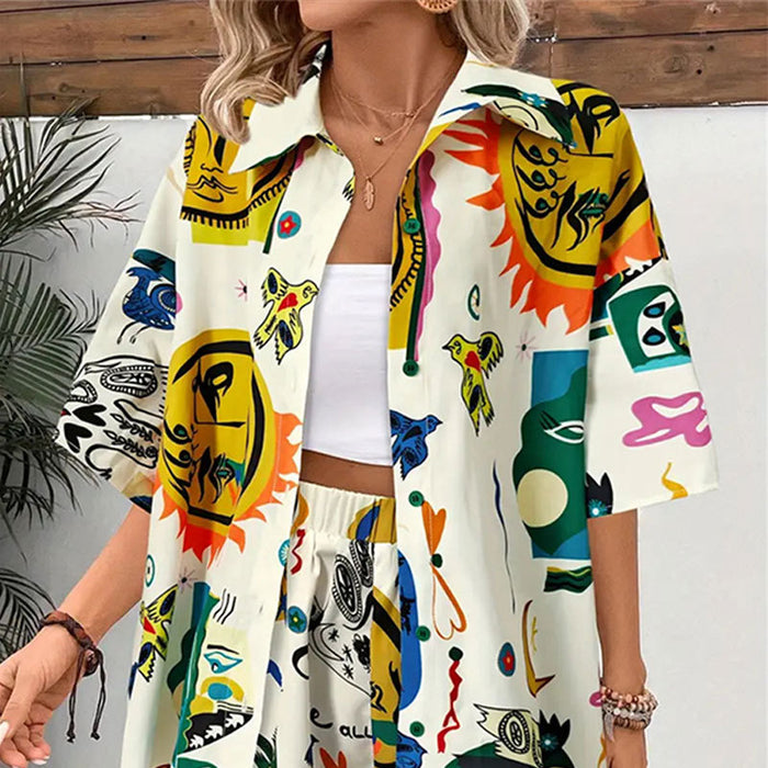 Graffiti Printing Cardigan Shirt Shorts Two Piece Set Contrast Color Casual Pants Casual Women Spring Autumn Clothing