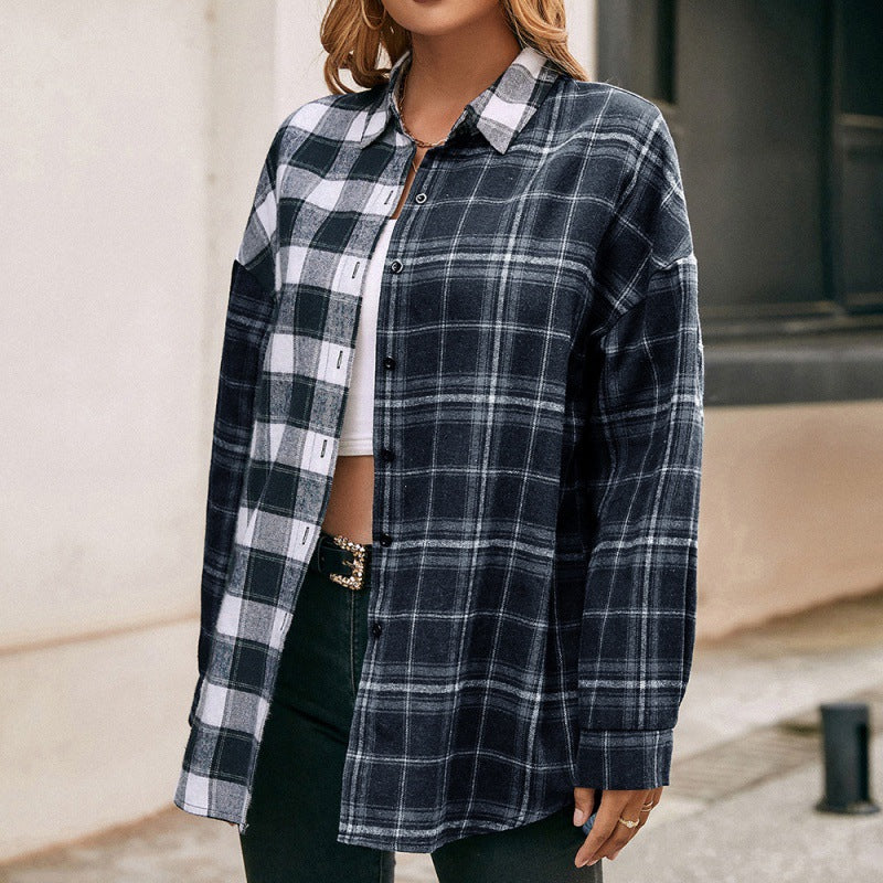 Loose Casual Polo Collar Long Sleeve Single-Breasted Checked Shirt Plaid Colorblock Shacket Top