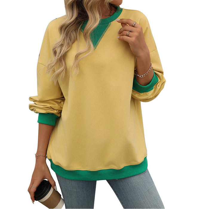 Autumn Winter Solid Color Round Neck Fork Loose Sweatshirt Sweater Women