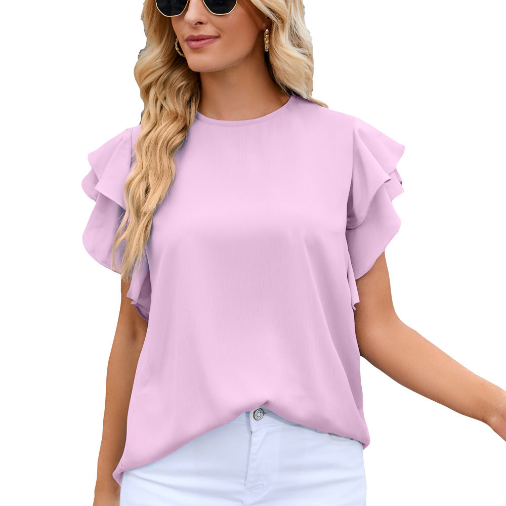 Summer Women Clothing round Neck Ruffle Sleeve Chiffon Shirt Top