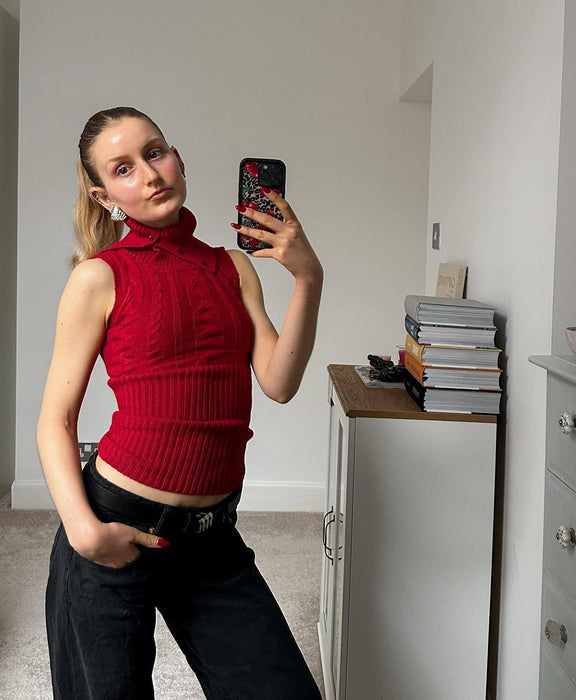 Retro Twist Knitted Slim Waist Twisted Button Turtleneck Slimming Vest Top for Women