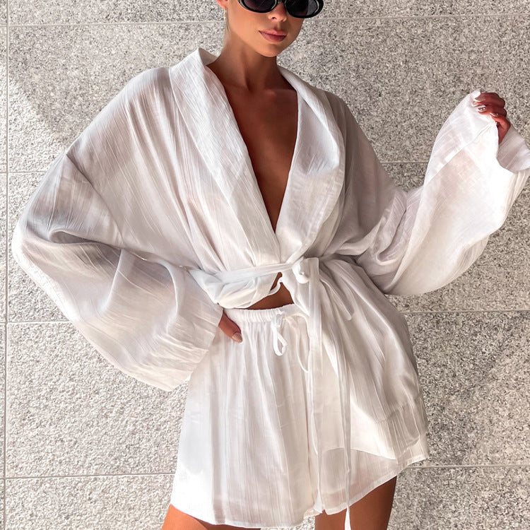 Spring Summer French Long Sleeve Lace Up Top Loose Shorts Suit Women Solid Color Casual Two Piece Suit