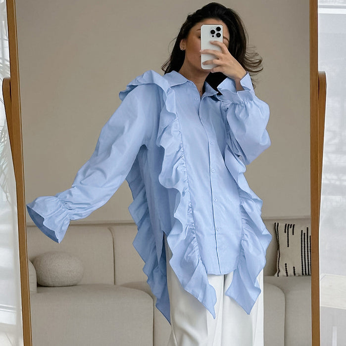 French Collared Ruffled Loose Shirt Spring Summer Top