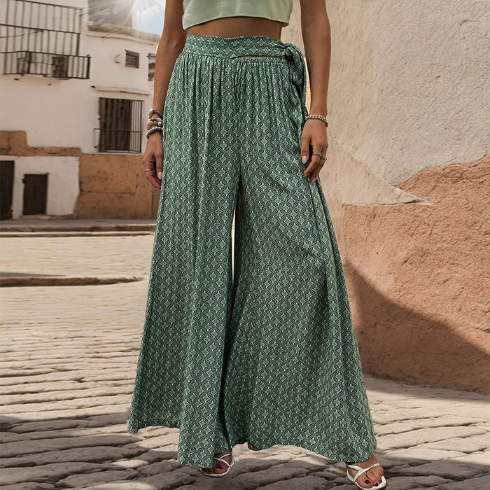 Summer Loose Wide Leg Pants Women Clothing Tied High Waist Casual Printed Trousers