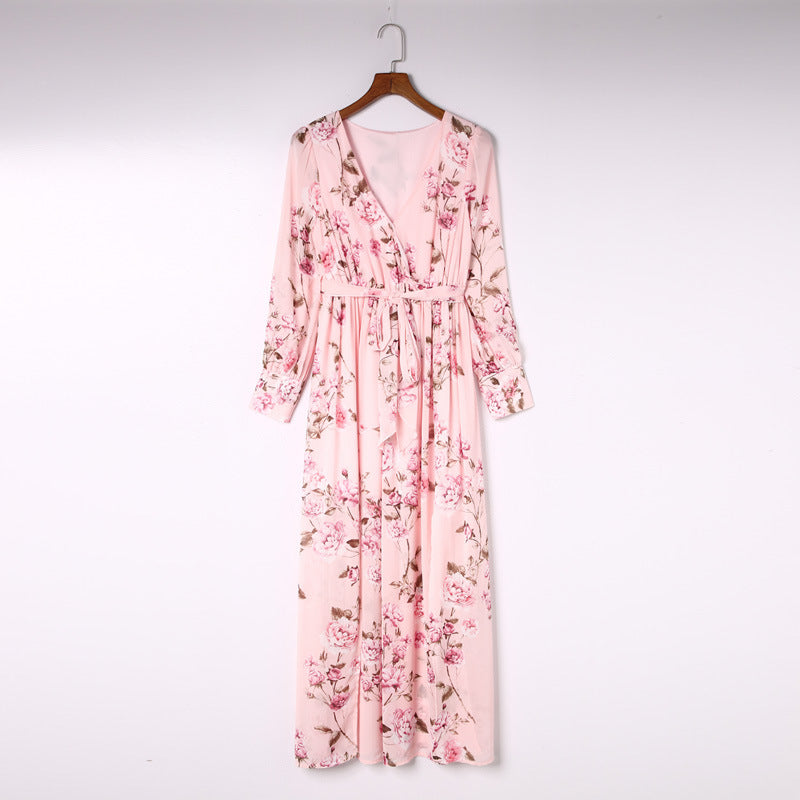Long Sleeved Floral Printed Dress Spring Summer Waist Trimming Slimming Bohemian Dress