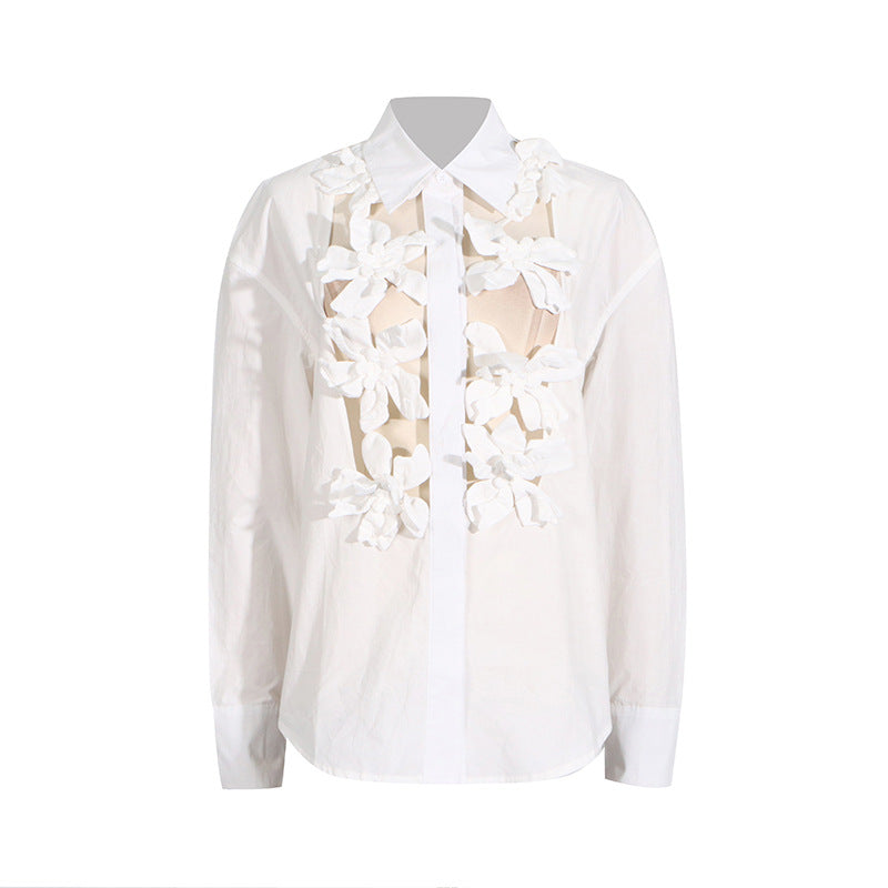 Summer Casual Three Dimensional Floral Stitching Design Single Breasted Hollow Out Cutout out Long Sleeve Stand Collar Shirt