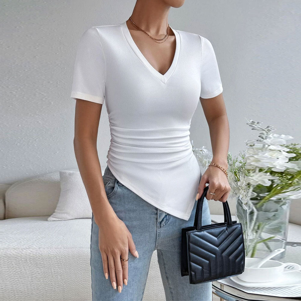 Women Clothing Sexy V neck Slim Irregular Asymmetric Hem Knitted Short Sleeve All Matching Top