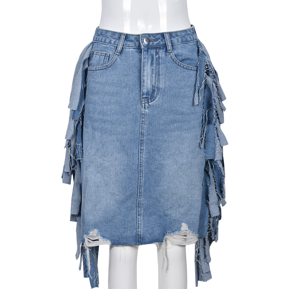 Spring Summer Women Clothing Personalized Denim Washed Tassel Tatted Skirt