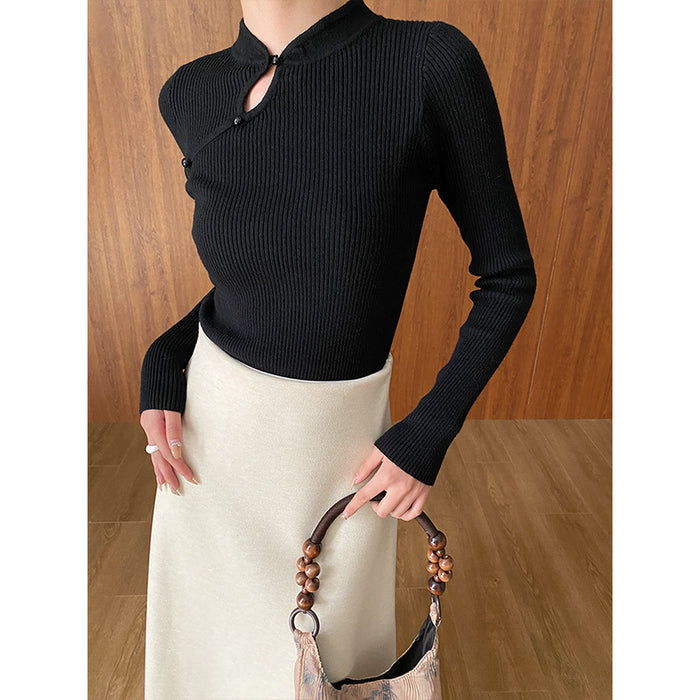 Chinese Advanced Buckle National Stand Up Collar Slim Fit Slim Looking Base Knitwear