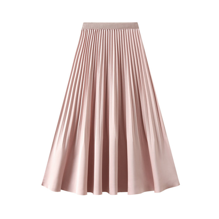 High Temperature Crumpled High Waist A Line Pleated Skirt Satin Mid Length Ruffled Skirt Spring Summer