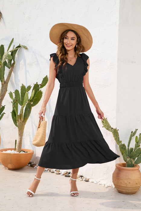 V neck High Waist Tiered Dress Maxi Dress Casual Vacation Travel Dress