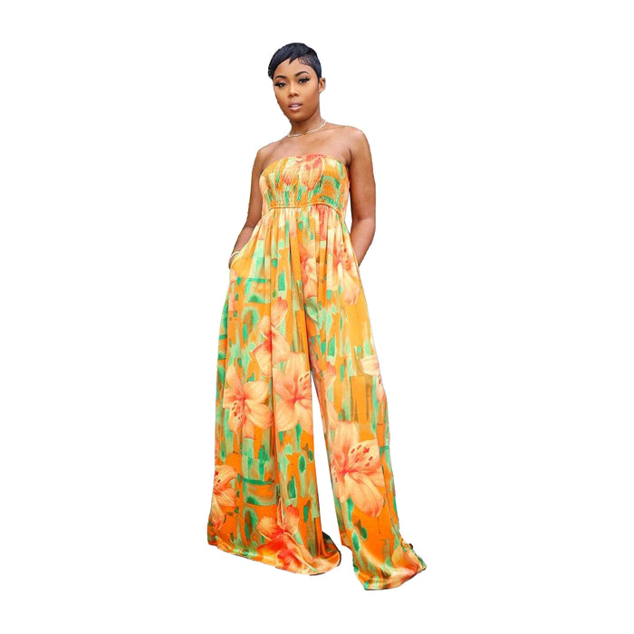 Sexy Slim Fit Printed Smocking Tube Top Loose Wide Leg Jumpsuit