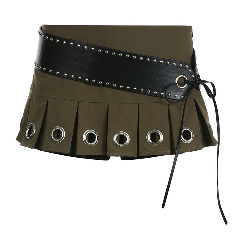 Sexy Mini Skirt Lace Up Leather Big Belt Street Punk Sexy Pleated Skirt