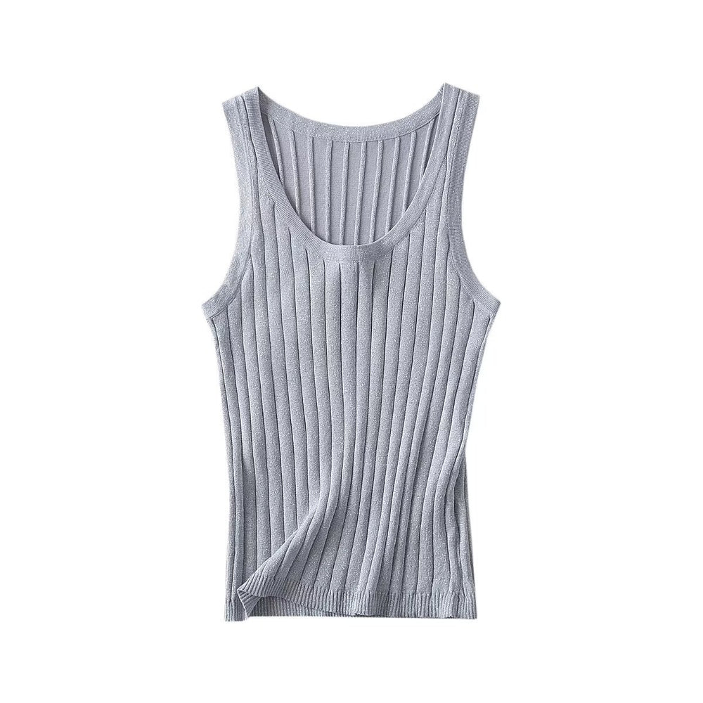 Summer Women Clothing round Neck Metal Color Line Sunken Stripe Knitted Vest