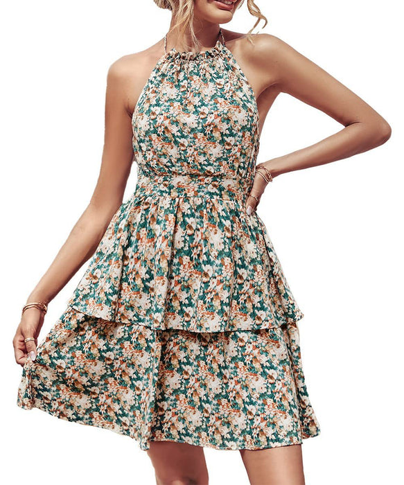 Summer Halter Backless Printed Sleeveless Dress Women Clothing