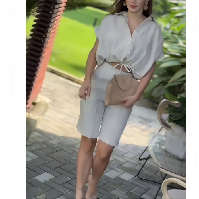 Women Clothing Summer Lace Up Loose Shirt Casual Shorts Women Two Piece Set