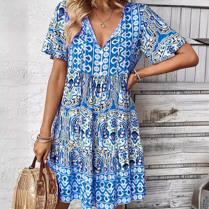 Summer V neck Dress Loose Bohemian Printed Short Dress