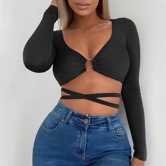 Summer Sexy Bare Cropped Slim Fit Top Solid Color All-Matching Lace-up Hollow Out Cutout V-neck Long Sleeve T-shirt Women Clothing