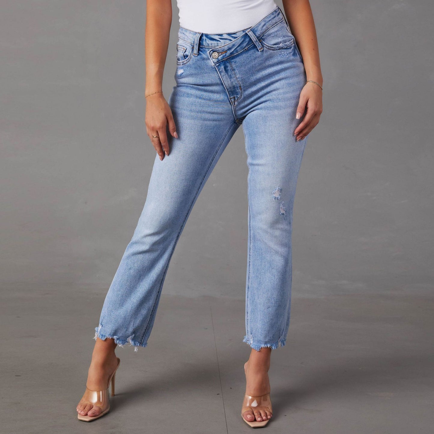 Straight Jeans Women Elegant Office Ripped Washed Trousers
