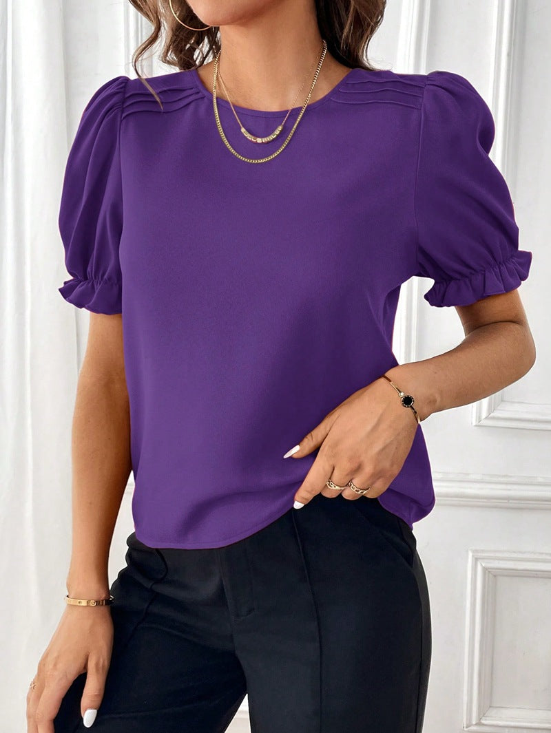 Shopping Women Clothing Summer Solid Color Round Neck Shirt Top