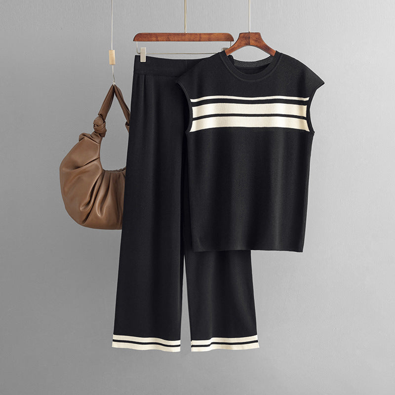 Casual Suit Loose Contrast Color Striped Sleeveless Top High Waist Wide Leg Pants Two Piece Set