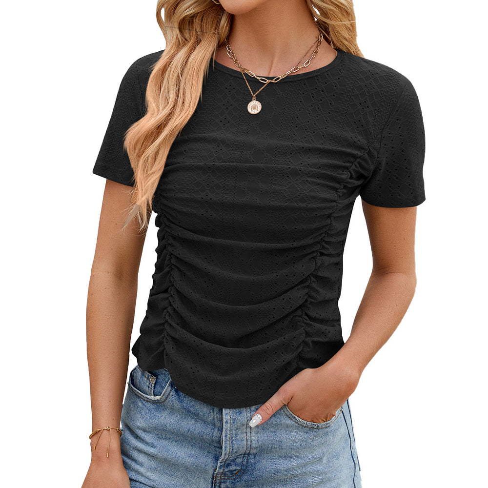 Spring Summer Solid Color round Neck Slim Pleated Short Sleeve T shirt Top Women