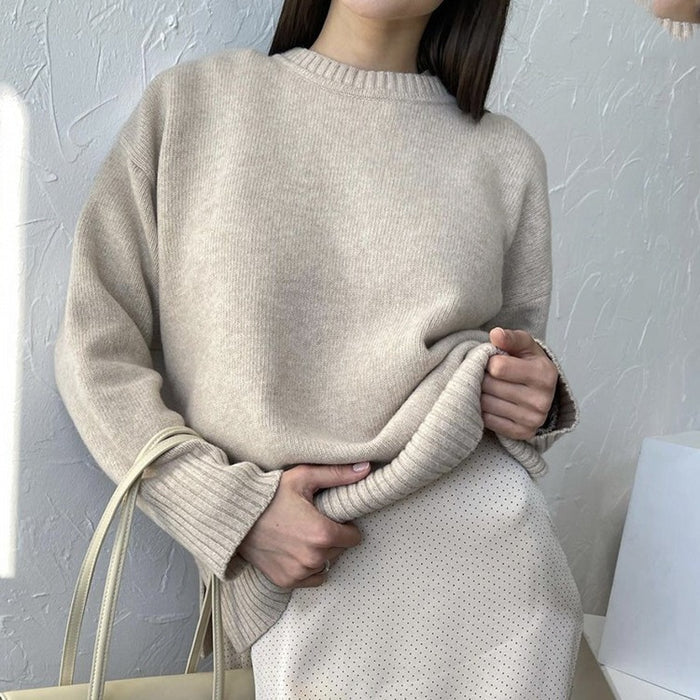 Autumn Winter Round Neck Sweater Women Khaki All Matching Loose Knitted Top