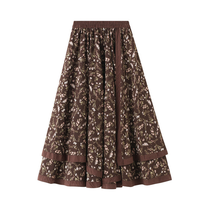 High Waist Slimming Mid Length Faux Two Piece Vintage Floral Stitching Big Swing Skirt Autumn Winter Women Skirt