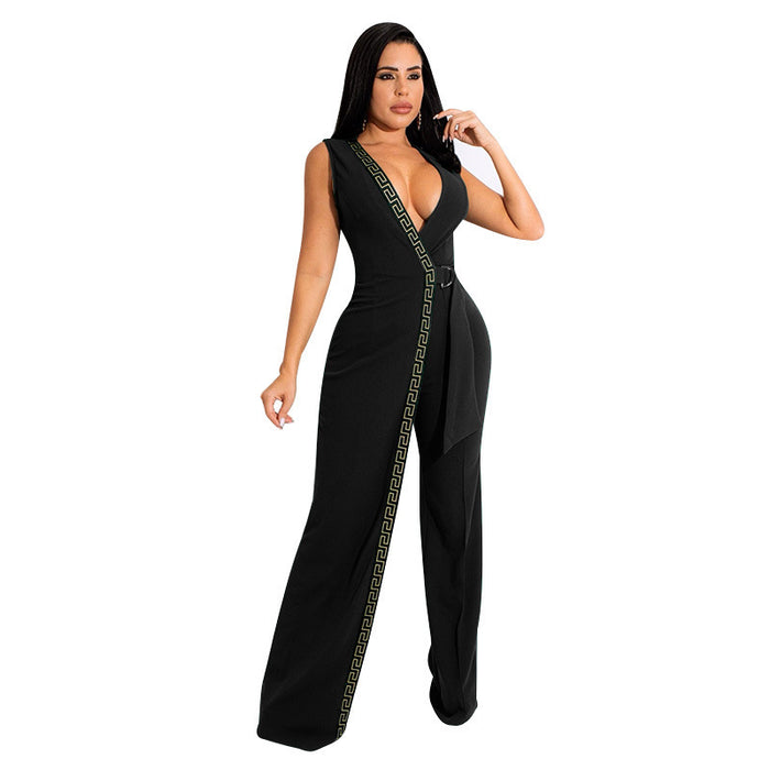 Spring Deep V Plunge Neck Slim Fit Jumpsuit Simple Smart Trousers Containing Belt